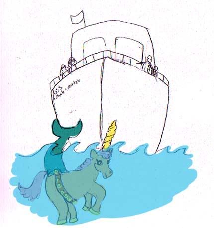 a unicorn underwater wearing a narwhal fin while a boat of whale watchers point from a ship