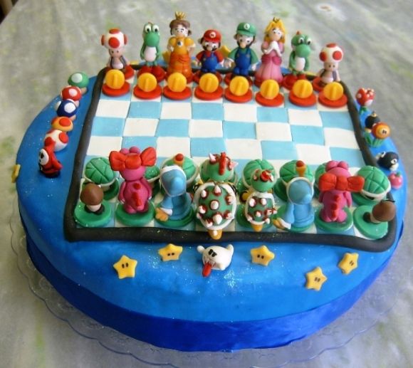 Bolo jogo de xadrez do Super Mario.
