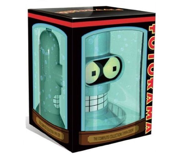 Coleção completa de DVDs de Futurama em uma cabeça do robô Bender.