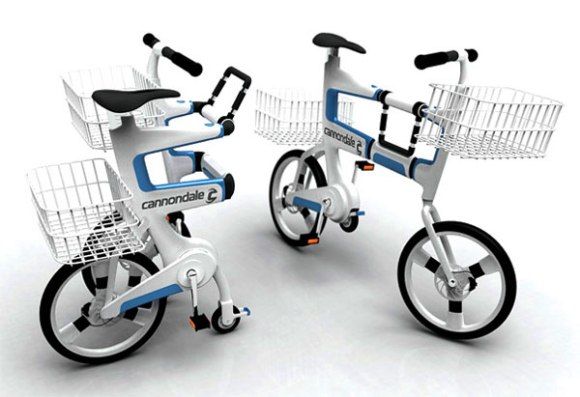 Bicicleta dobrável futurista que se transforma em um carrinho de supermercado.