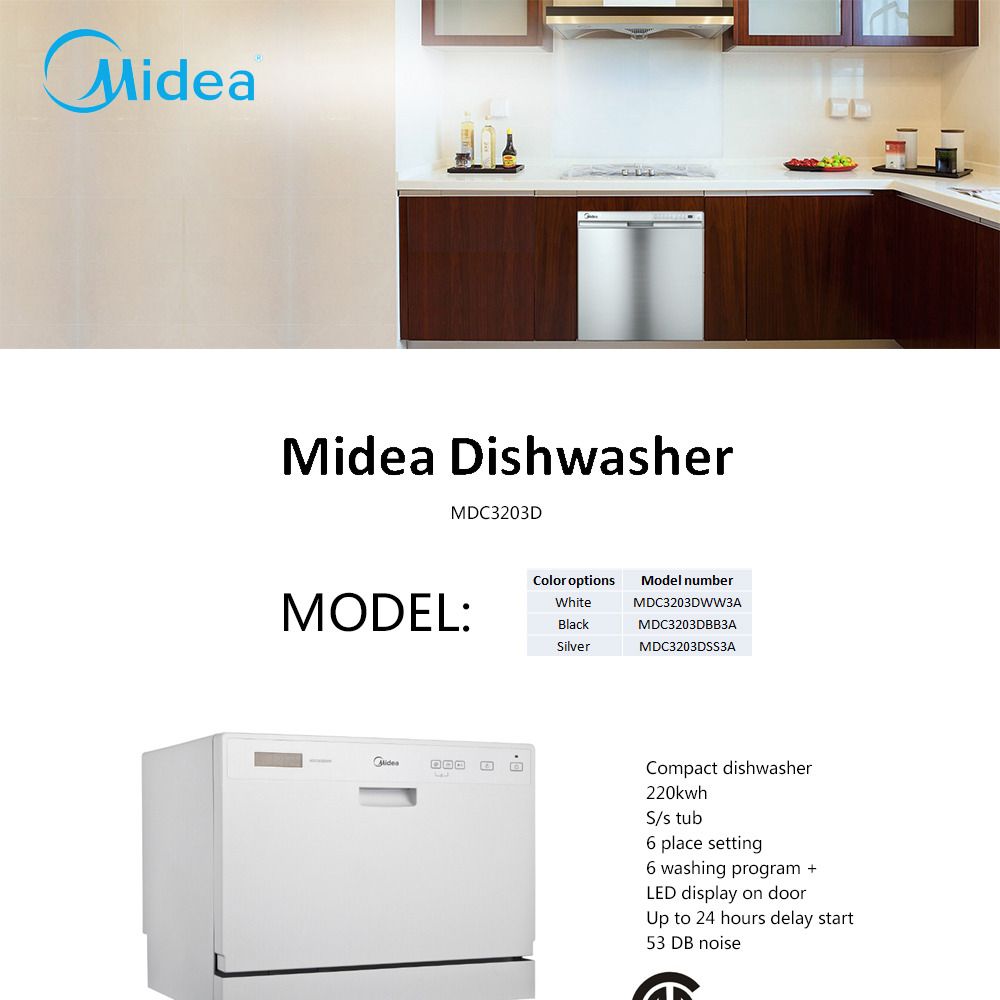 Midea 6 Place Setting Countertop Portable Dishwasher Mini Dishwasher ...